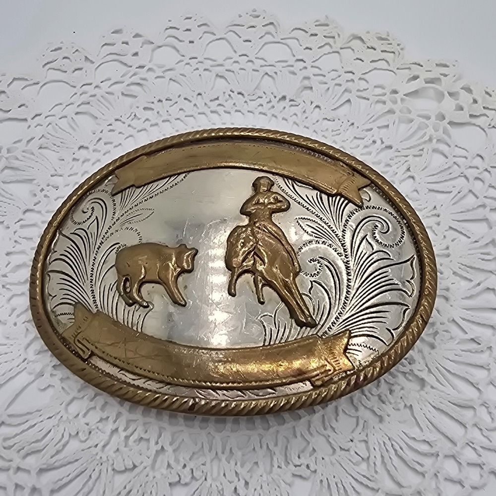 Vintage German Silver Belt Buckle Cowboy Horse Riding Western Scene